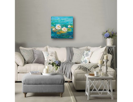 Water Lily Lake - Impasto Floral Art, Palette Knife Painting