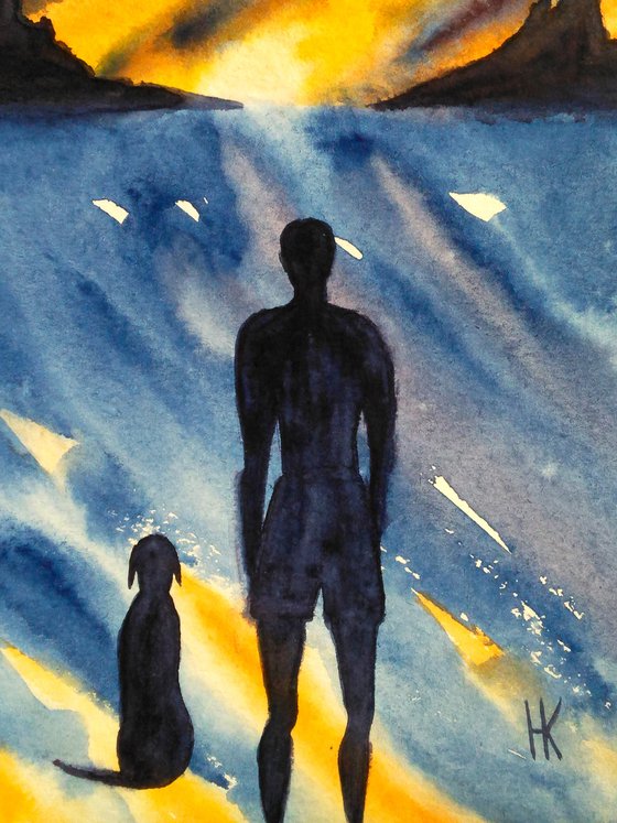 Man and Dog Painting Seascape Original Art Beach Dog Walker Watercolor Artwork Small Home Wall Art 8 by 12" by Halyna Kirichenko