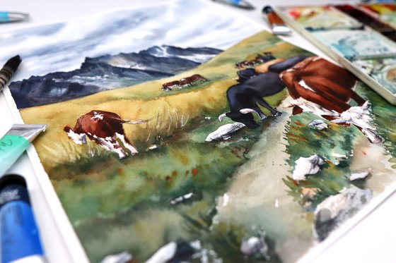 Cows in pasture, Mont Blanc - Original Watercolor Painting