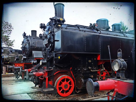 Old steam trains in the depot - print on canvas 60x80x4cm - 08456m2