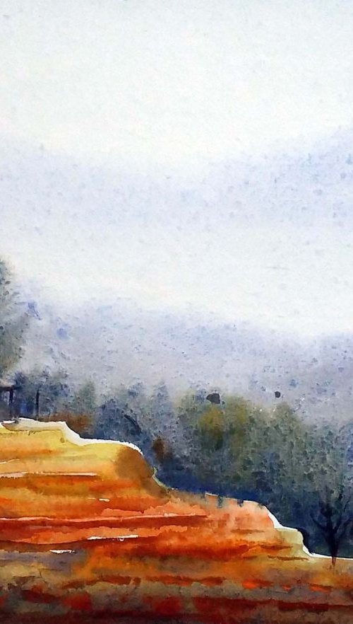 Mountain Village & Flower Valley - Watercolor on Paper by Samiran Sarkar