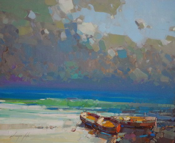 Fishing Boats, Seascape Original oil painting by Palette Knife, Handmade artwork, One of a kind Signed with Certificate of Authenticity