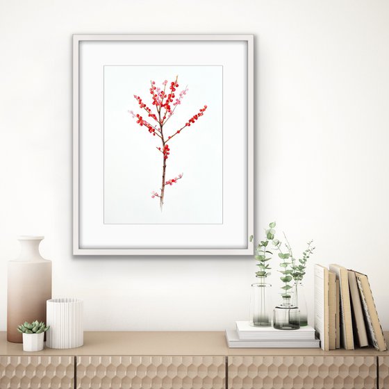 Holly branch with red berries. Original watercolor artwork.