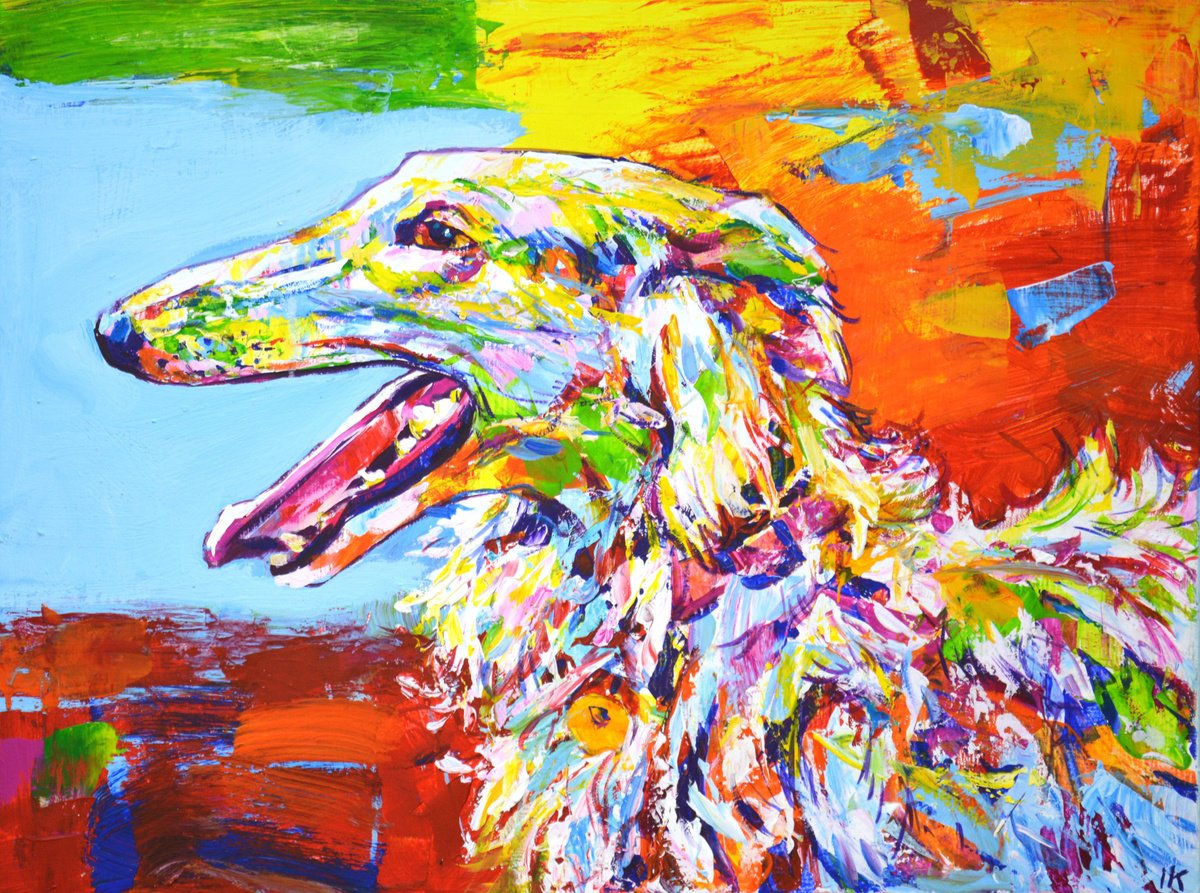 Expressive Animal Acrylic Painting By Iryna Kastsova, 31 X 24, Dog., Original Artwork