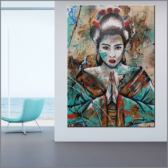 Hisui (Jade) 140cm x 100cm Geisha Book Page Urban Pop Art