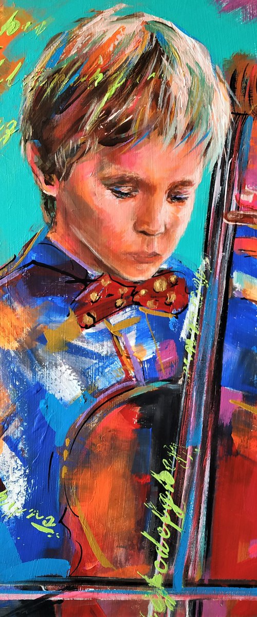 Future- Little Boy Playing Cello Painting on wood by Antigoni Tziora