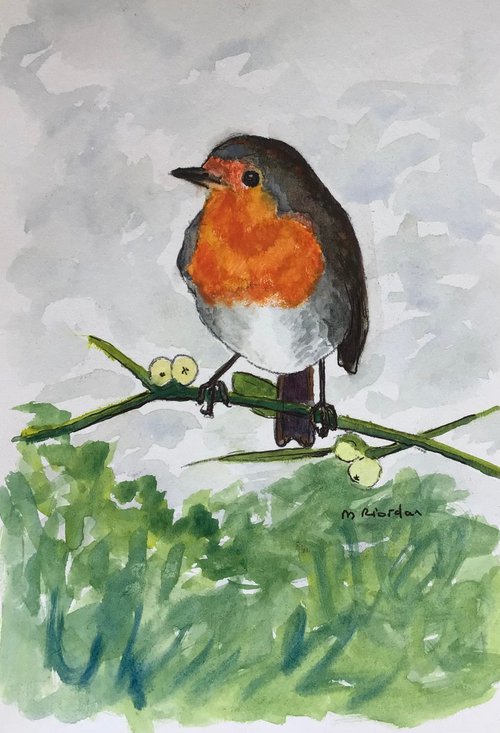 Robin in treetops by Margaret Riordan