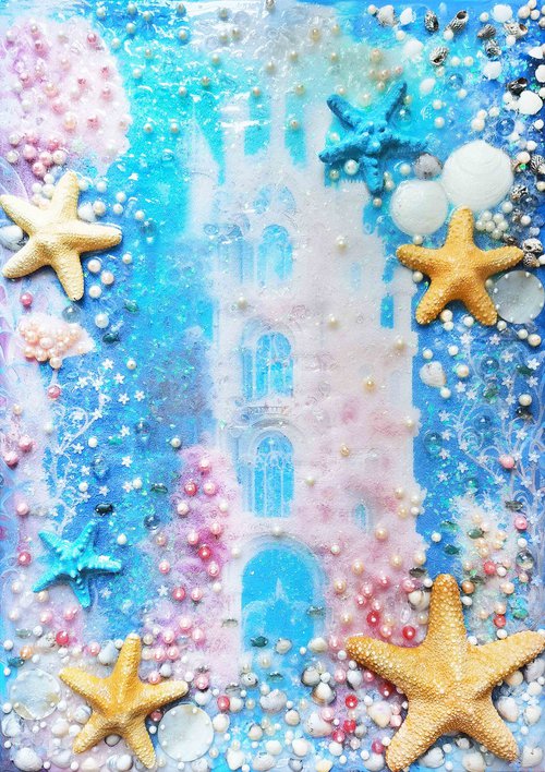 Pink Castle. Under the Sea. Fantasy fairy tale Decorative painting with pearls, rose quartz and shells by BAST