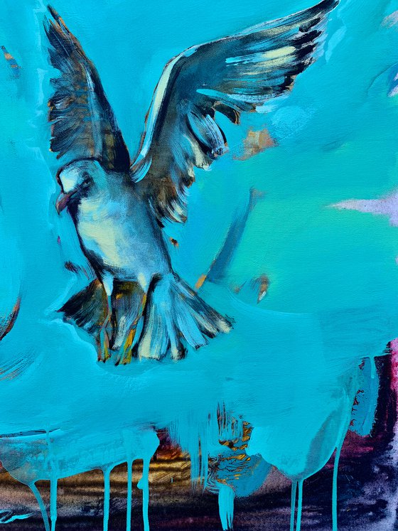 Bright painting - "Flying seagull" - Pop Art - Bird - Sea - Ocean - Sunset