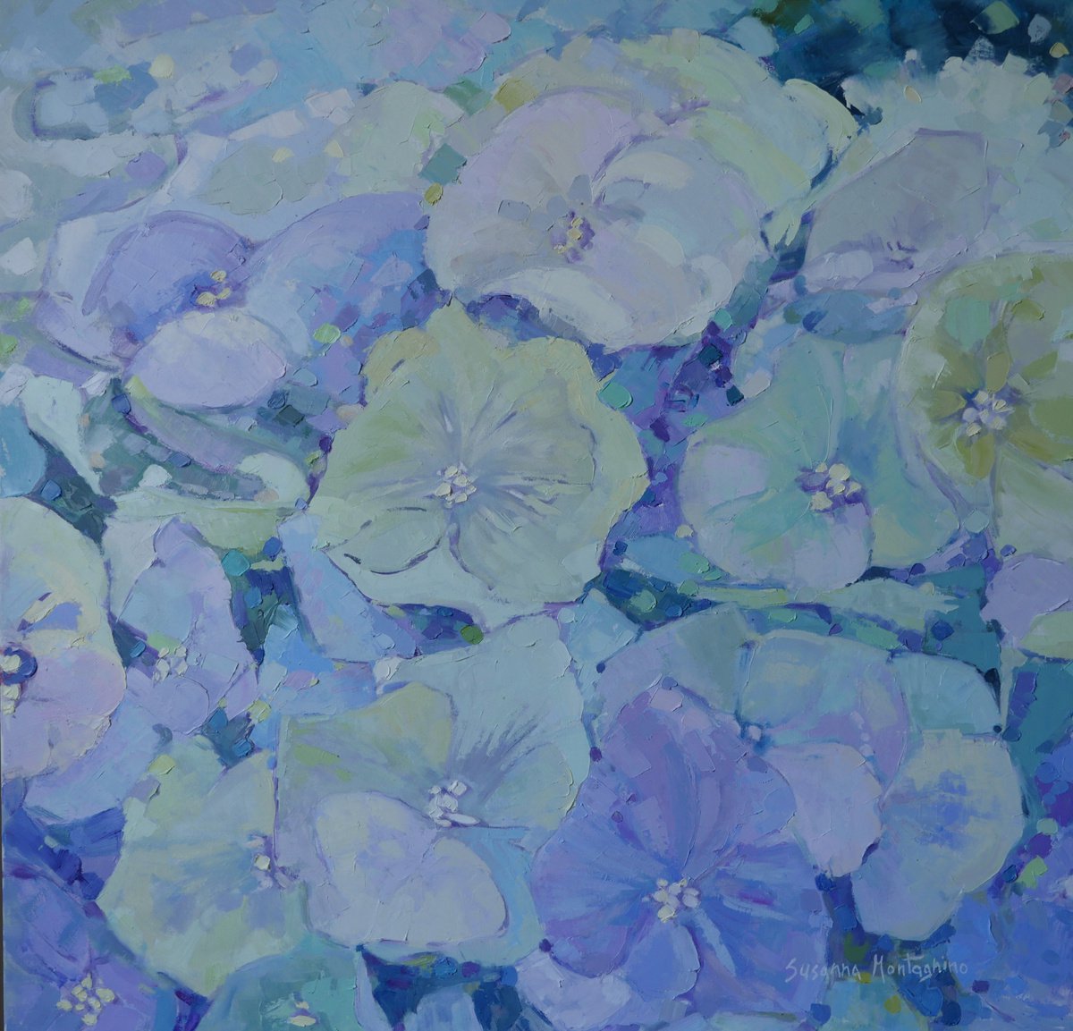 Impressionistic Botanical Oil Painting By Susanna Montagnino, 28 X 28", Hydrangea, Original Artwork
