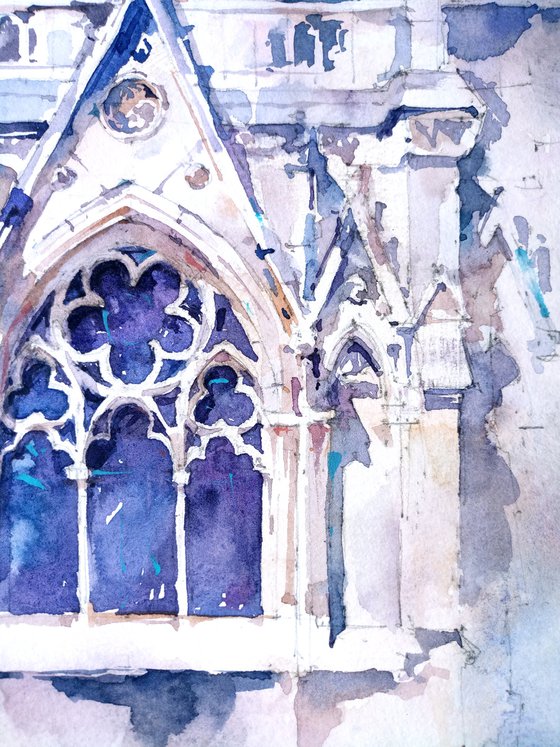 "Gothic window of the cathedral of notre dame in Paris, France"  architectural landscape - Original watercolor painting