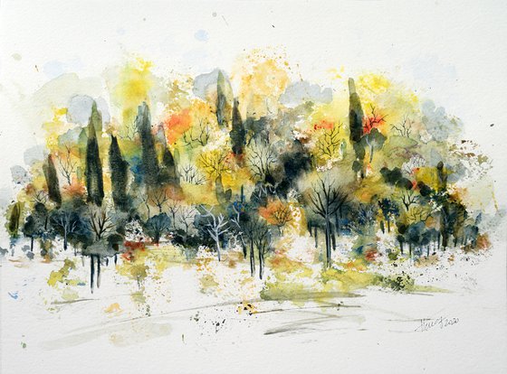 Summer trees - original watercolor and ink painting
