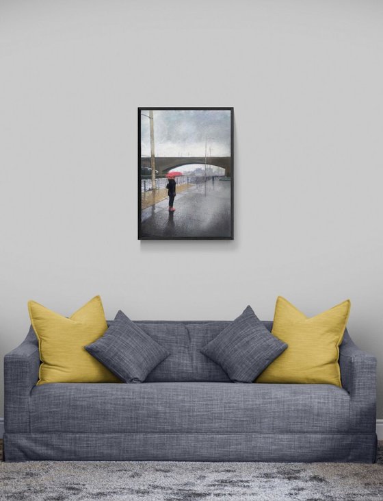 'Rainy Day in Scotland' Oil Painting of women with red umbrella