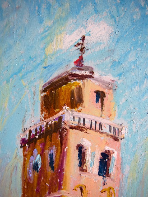 Venezian yard. Dreams about Italy series. Oil pastel painting. Original red brick venice italy old town tower urban street landscape interior decor small