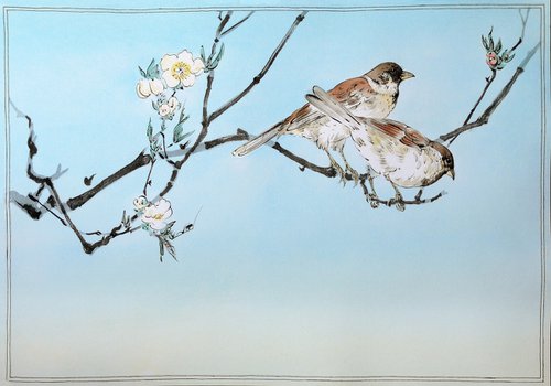 Two Sparrows on Plum Blossom Branch by Olga Beliaeva Watercolour