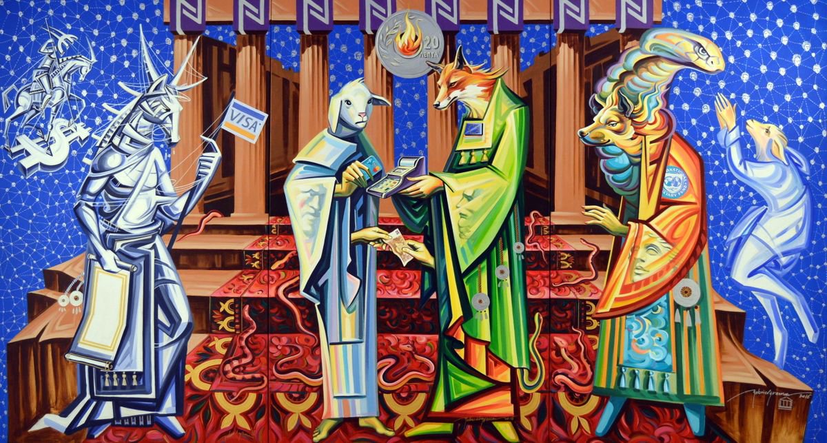 Surrealistic Animal Acrylic Painting By Grama Gabriel, 130 X 71, The Deal, Original Artwork