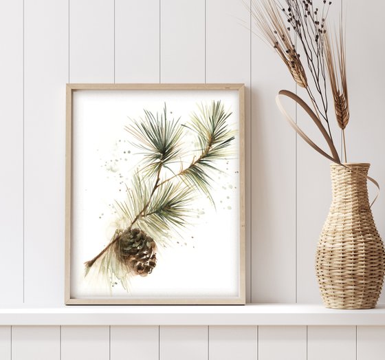 Pine Tree Branches with Pine Cones watercolor paintings 3 set