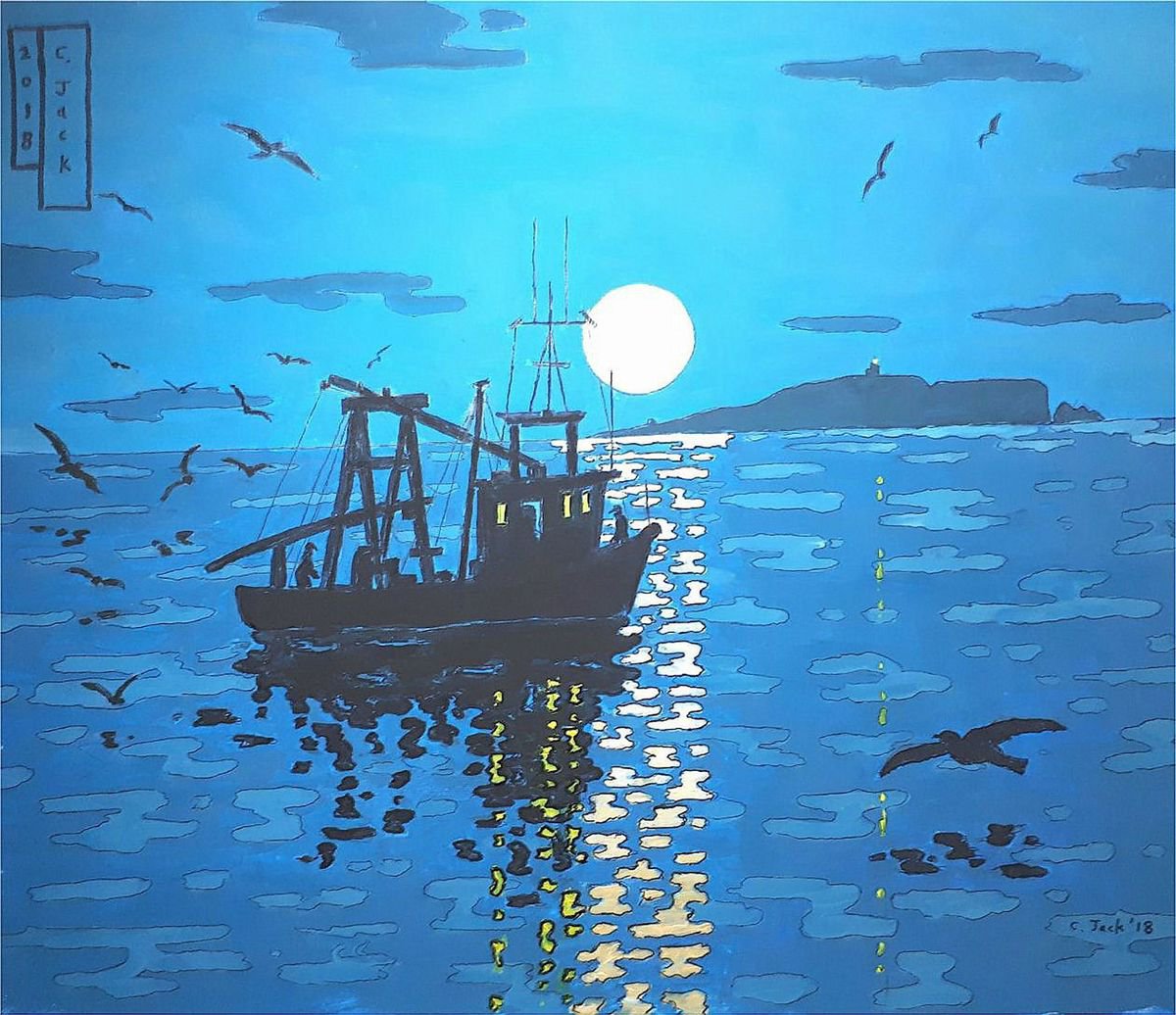 Landscape Acrylic Painting By Colin Ross Jack, 24 X 20, Nocturne: Fishing Boat Near May Island, Original Artwork