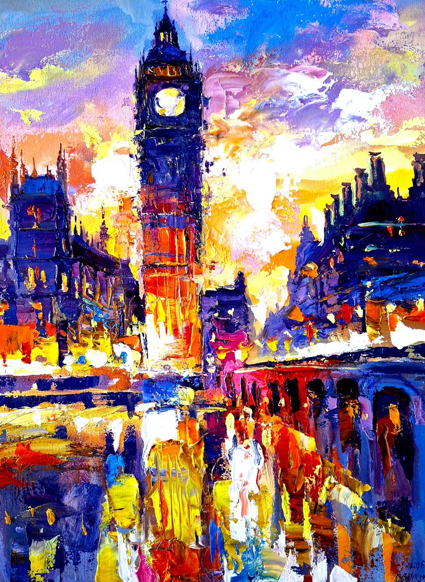 Abstract Cityscapes Oil Painting By Andrej Ostapchuk, 12 X 16, Fog, Bridge And Eternity, Original Artwork