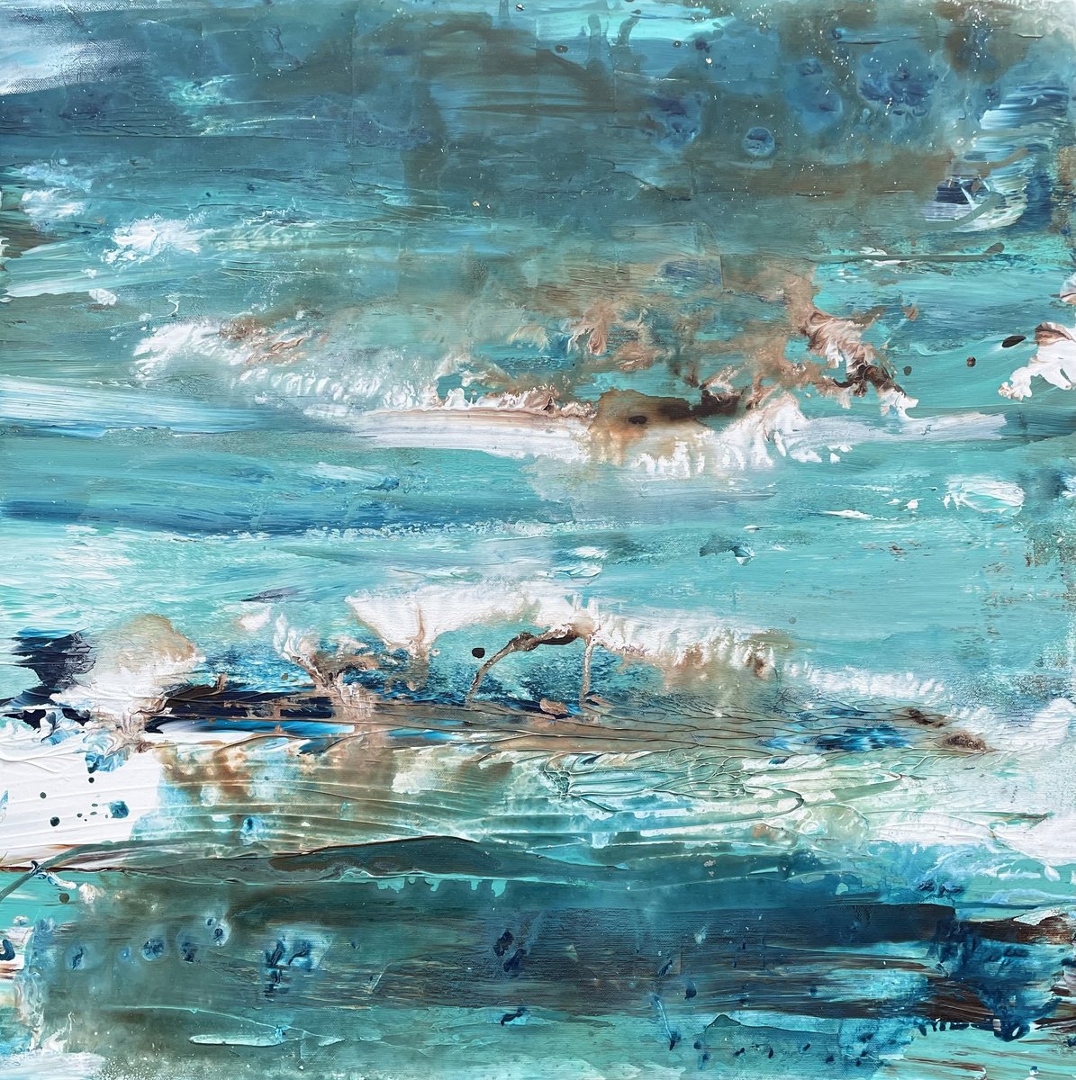 Abstract Acrylic Painting By Tiny De Bruin, 28 X 28", Azure Horizons: Where Sea And Above Collide 1, Original Artwork