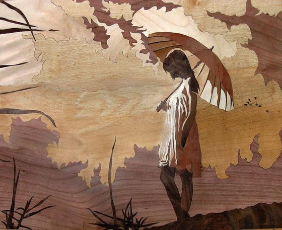 Marquetry work - Girl with the umbrella