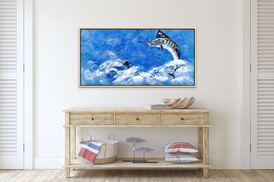 OCEAN TROPHY. Large Blue Abstract Painting of Fish Jumping out of the Water