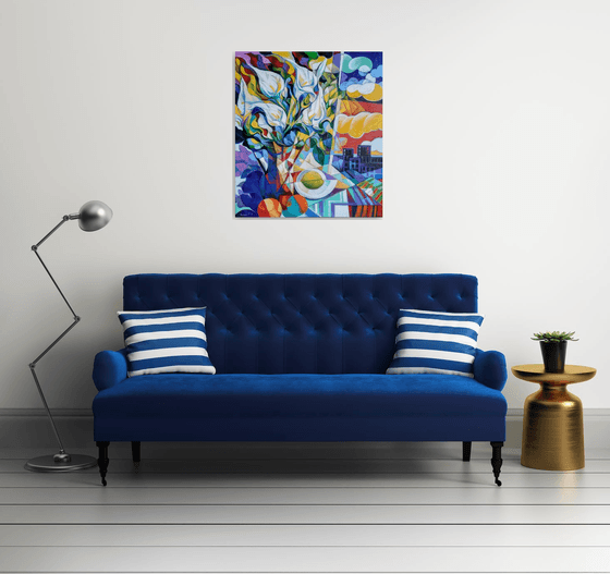 Still life with callas (80x90cm, cubism, oil painting, ready to hang)