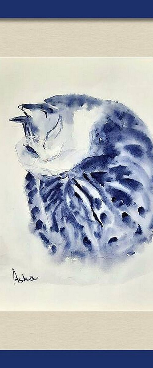 Curled up sleeping Tabby cat by Asha Shenoy