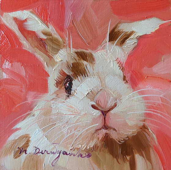 Red rabbit painting original framed 4x4, Small framed art white rabbit artwork on red background