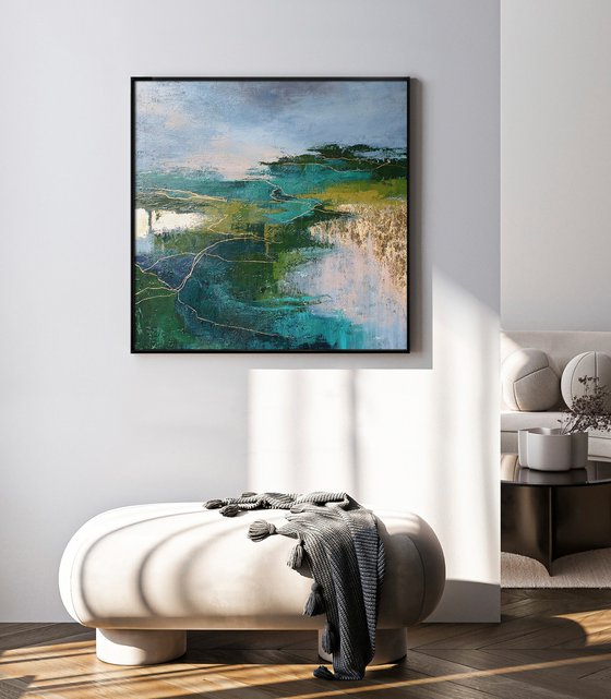 "Riverside" Abstract forest green gold art