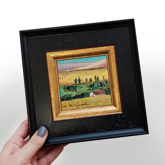 Barn oil painting original 4x4, Mini Landscape miniature painting original small art framed, Guest gift