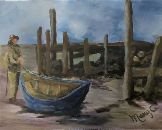 Fisherman working by the Dock Rainy Seascape Original Painting Beach House Decor