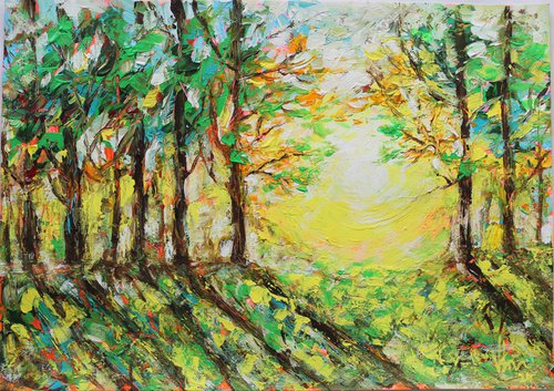 The Glory Deep in the Woods- Palette Knife Acrylic Painting - impressionistic - landscape painting on paper - gift art - home decor by Vikashini Palanisamy