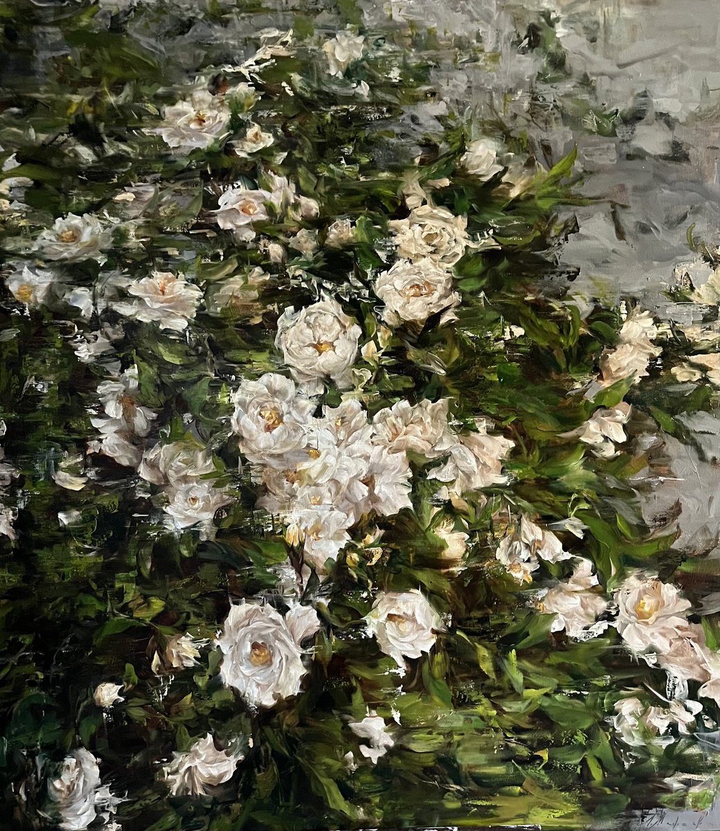 Impressionistic Botanical Oil Painting By Elena Mashajeva-Agraphiotis, 44 X 50, Garden Roses, Original Artwork