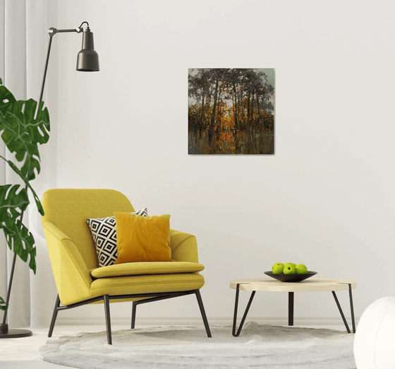 Autumn forest at sunset  Landscape painting