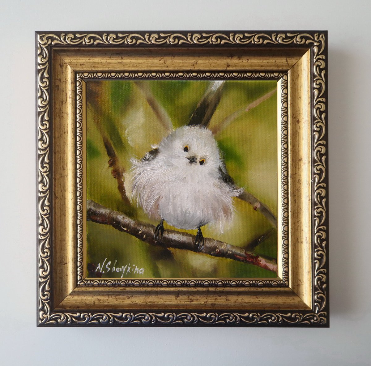 Photorealistic Animal Oil Painting By Natalia Shaykina, 8 X 8", Fluffy Bird On A Spring Branch, Original Artwork
