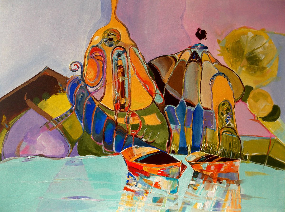 Impressionistic Landscape Acrylic Painting By Maria Paunova, 31 X 24", The Place Of Dreamers In Love, Original Artwork