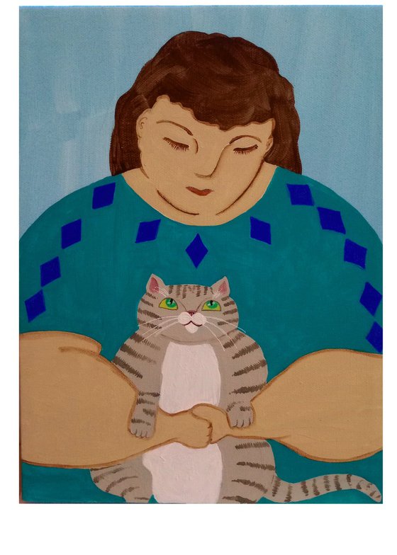 Woman with a Gray Tabby Cat Original Painting on Canvas 9x12