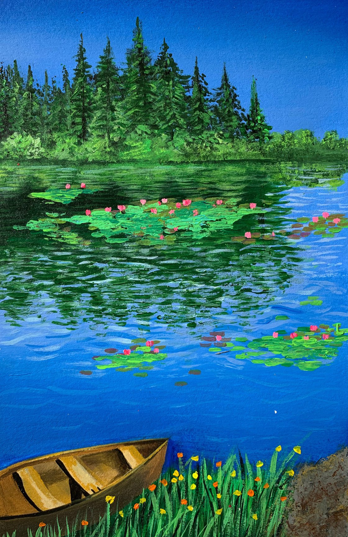 Water lily pond at sunrise ! A4 size Painting on paper (2019) Acrylic  painting by Amita Dand