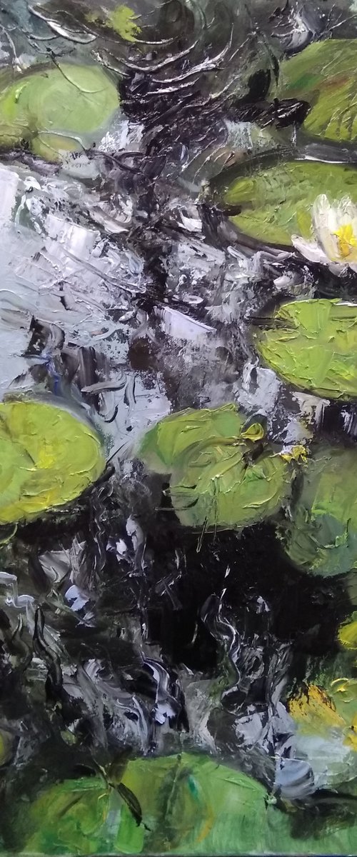 Water lilies in fluid water.  Palette knife by HELINDA (Olga Müller)