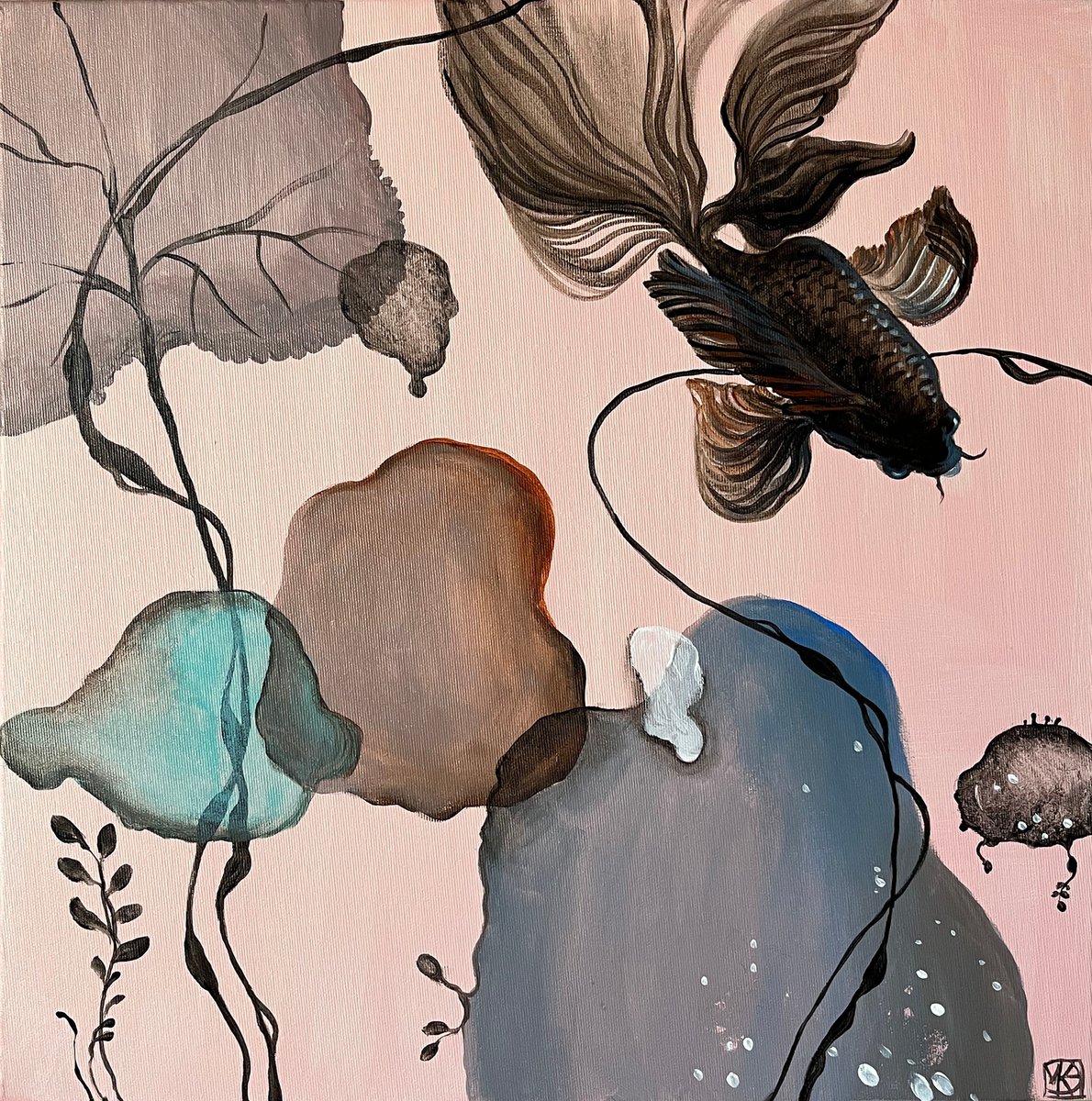 Illustrative Animal Acrylic Painting By Maria Kireev, 20 X 20", Pink Ocean, Original Artwork