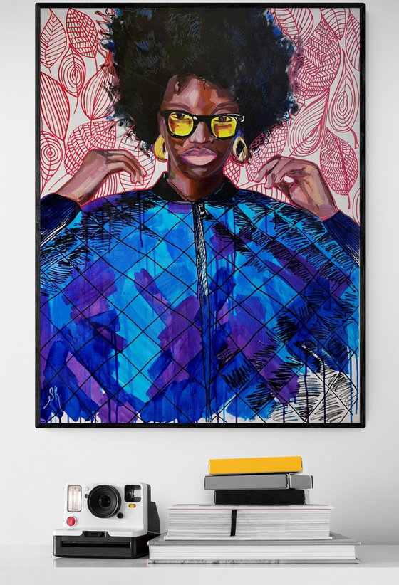 HALO GERGEOUS - large oil painting, pink, black lives matters, pop art, home decor, deep blue