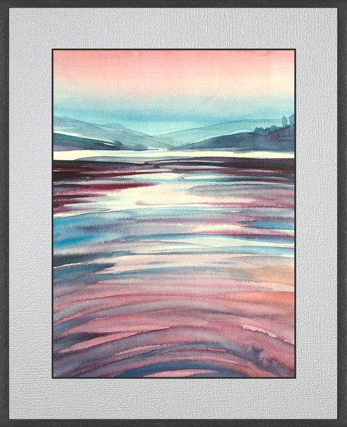 PURPLE SUNSET ON WATER, Original Impressionist Vertical Landscape Watercolor Painting by Nastia Fortune
