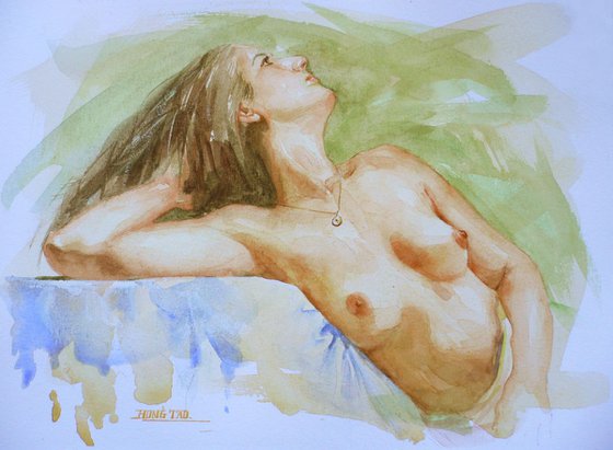 original art watercolour painting sexy naked body women  on paper #16-5-3
