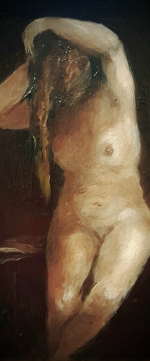 Woman drying her hair after a bath. by J Alexandra  Connor