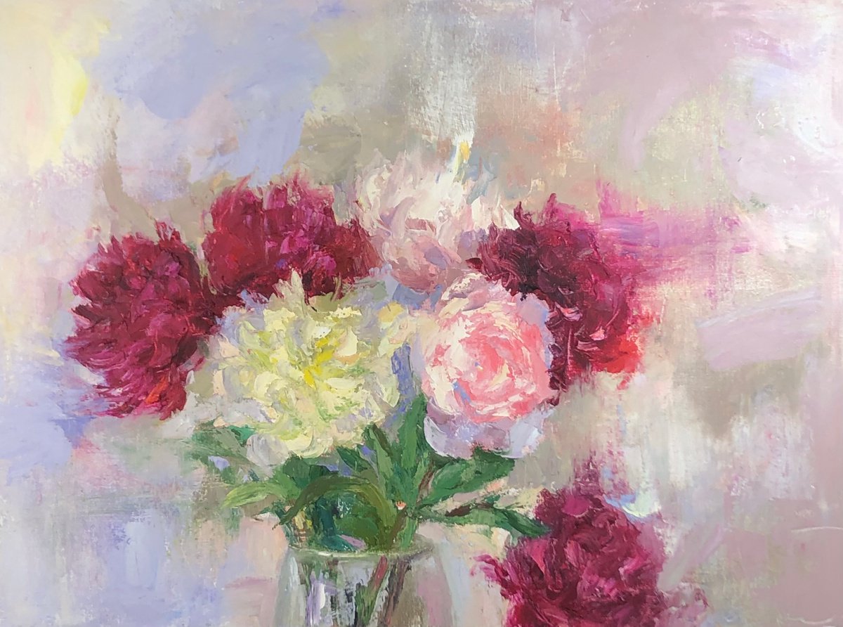 Peonies Painting Original Oil On Canvas Blooming Flowers Still LIfe Impressionism Art Flor... by Emiliya Lane