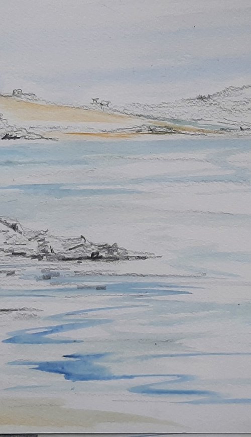 Across the Bay - watercolour snd pencil seascape by Niki Purcell