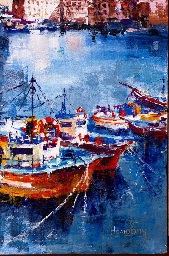 "Boats in the harbor", seascape