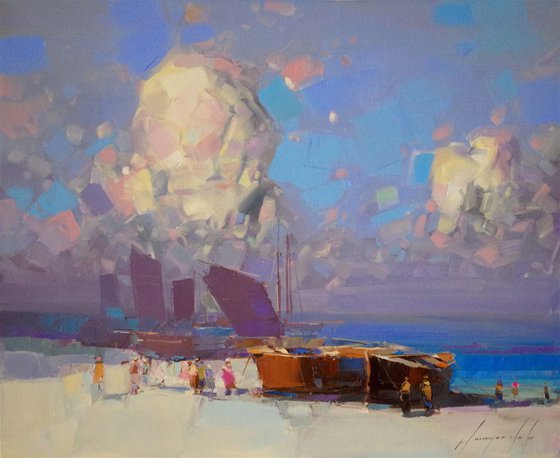 Fishing Boats, Seascape Original oil painting, Handmade artwork, One of a kind Signed with Certificate of Authenticity