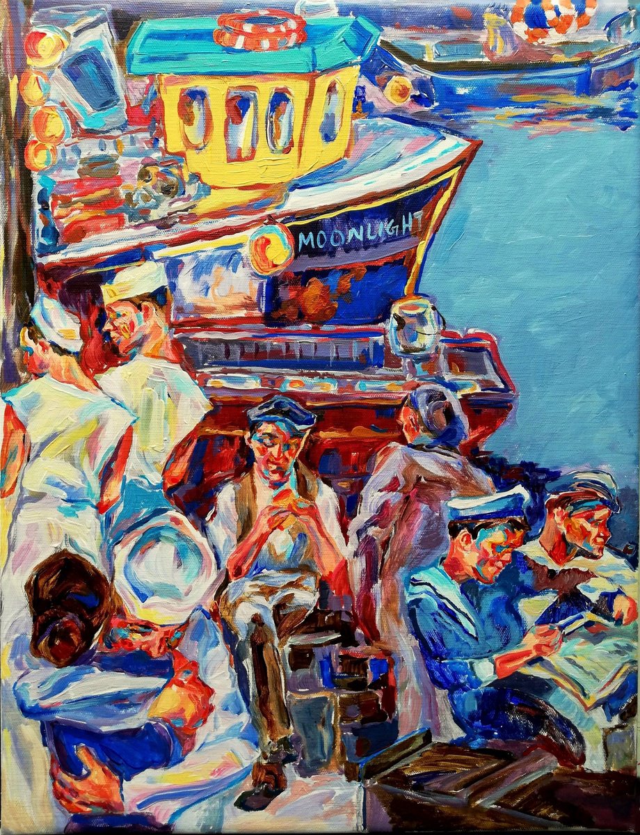 Impressionistic Landscape Acrylic Painting By Jelena Djokic, 15 X 20, Sailors Taking A Break, Original Artwork